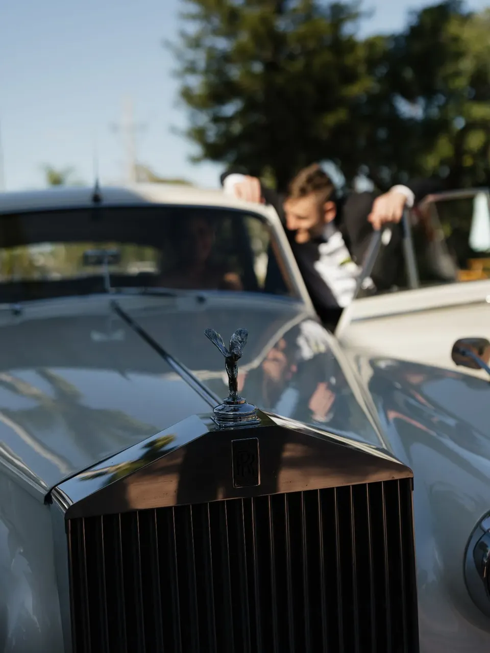 1960 Rolls Royce Silver Cloud close-up for wedding car rental in Collier County, FL
