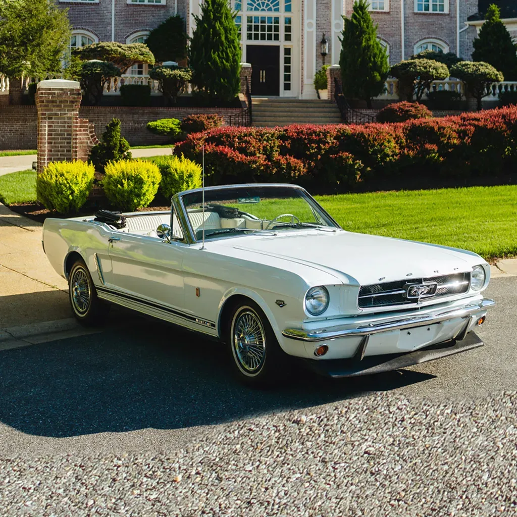 1965 White Ford Mustang GT Convertible for wedding car rental in Rockville, MD 1965 White Ford Mustang GT Convertible for wedding car rental in Rockville, MD