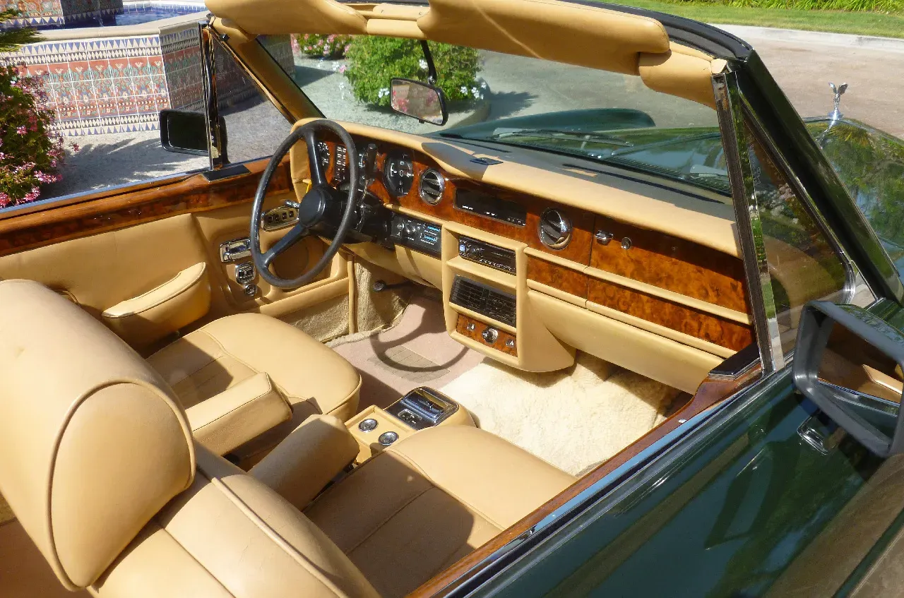 1983 Rolls-Royce Corniche Convertible interior with convertible roof for wedding car rental in Tarzana, CA