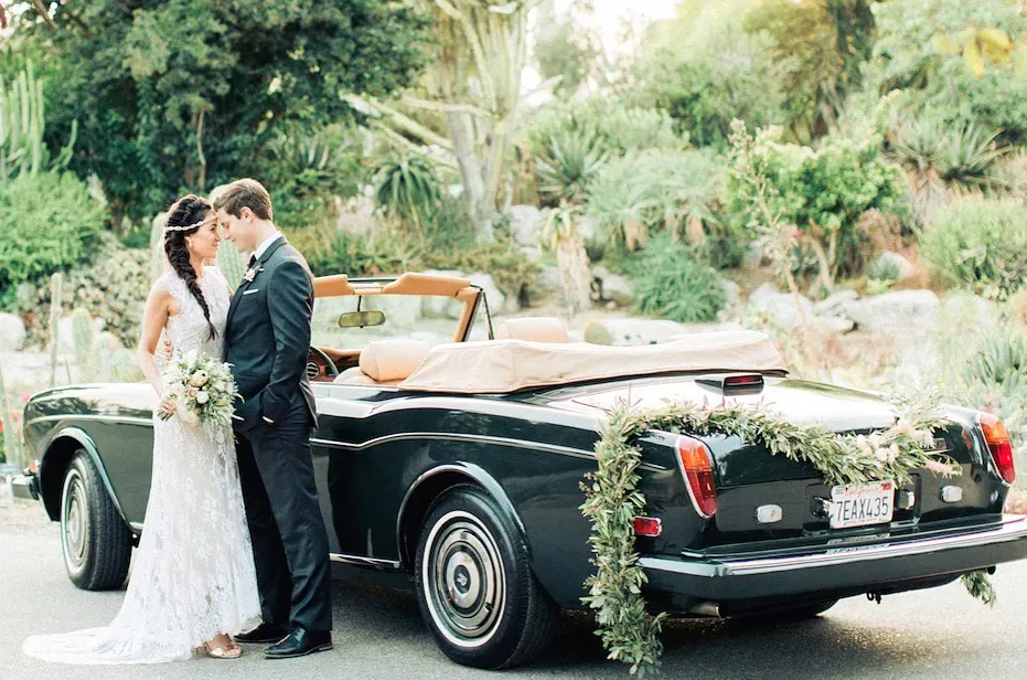 Green 1983 Rolls Royce Corniche Convertible exterior with convertible roof, photo 3 for wedding car rental in Burbank, CA