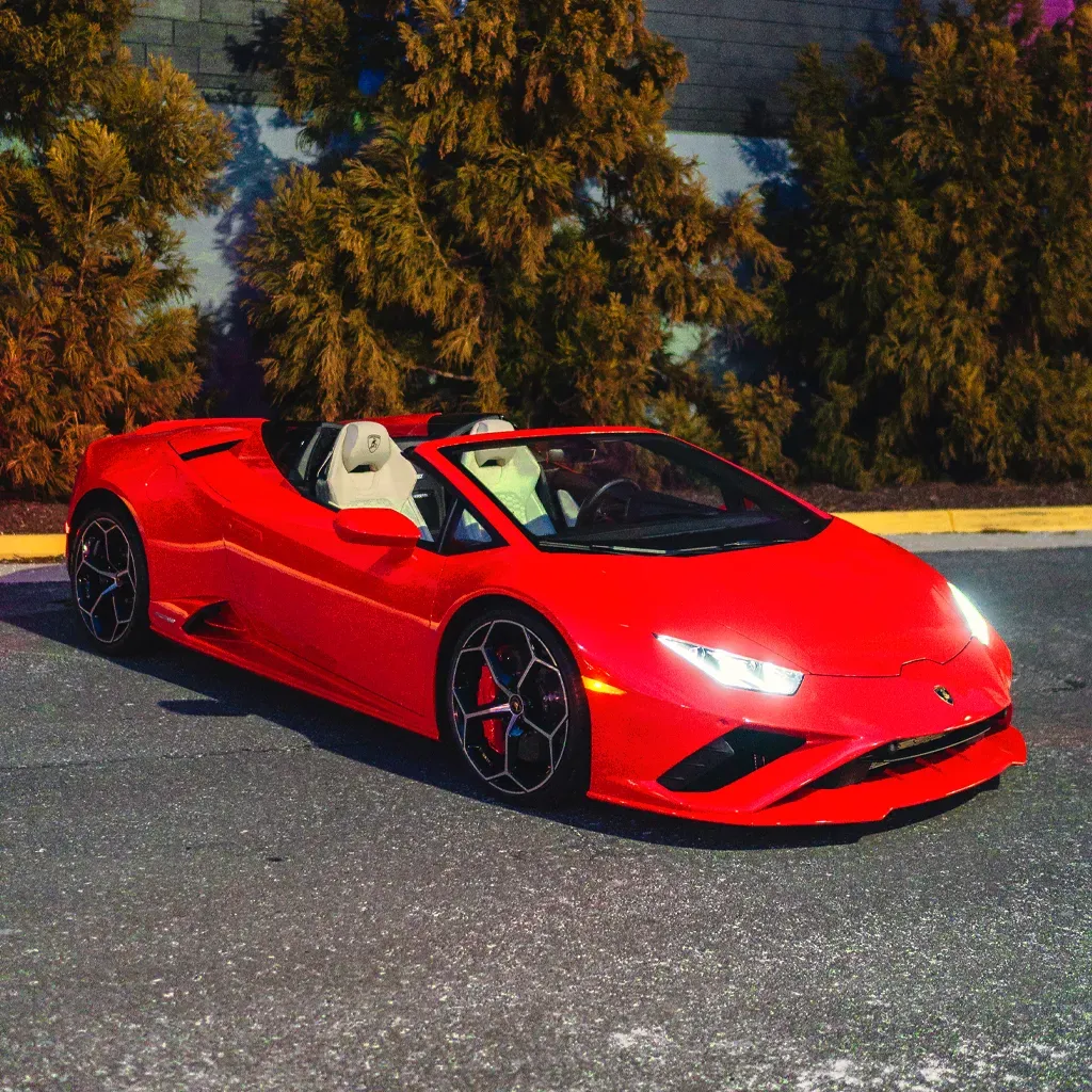 Red 2023 Lamborghini Huracan EVO Spyder for wedding car rental in Rockville, MD