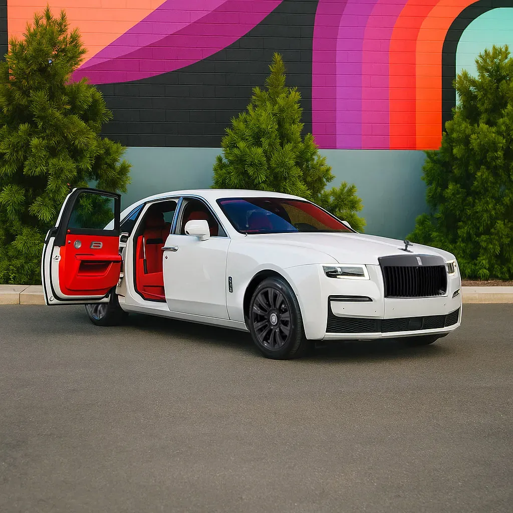 White 2024 Rolls-Royce Ghost with All Red Interior for wedding car rental in Rockville, MD White 2024 Rolls-Royce Ghost with All Red Interior for wedding car rental in Rockville, MD