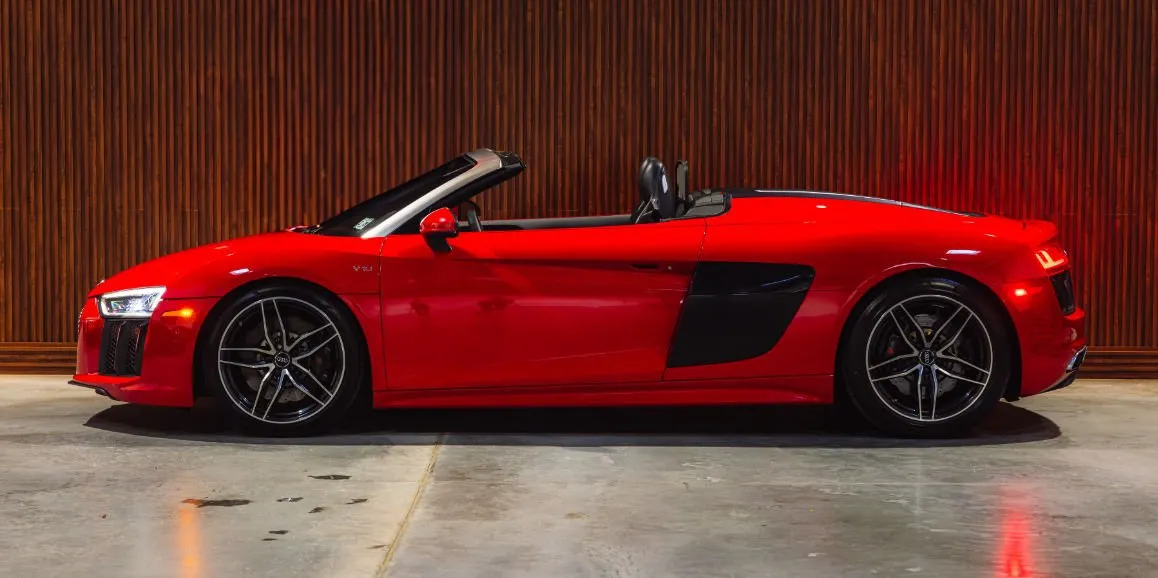 Red Audi R8 exterior with convertible roof for wedding car rental in Deer Park, NY