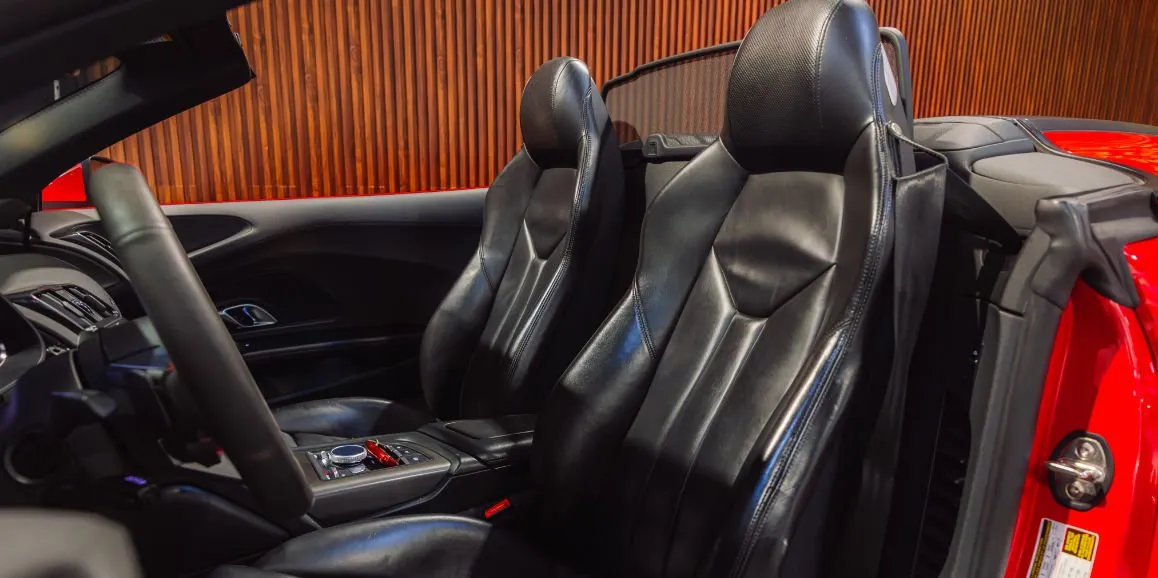 Audi R8 interior with convertible roof for wedding car rental in Deer Park, NY