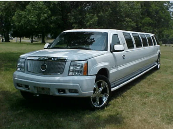 Body: white Cadillac Escalade Limousine; tinted windows and running boards