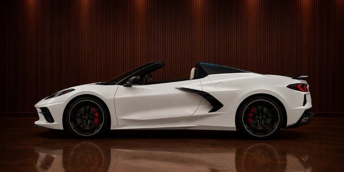 White Chevrolet Corvette exterior with convertible roof for wedding car rental in Deer Park, NY