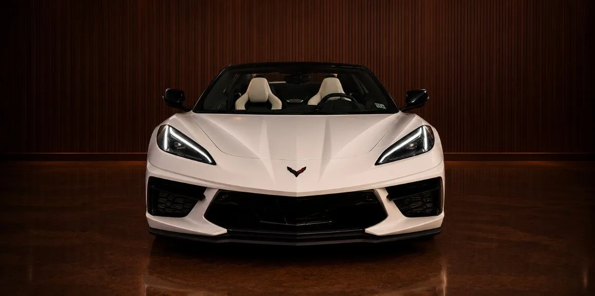 White Chevrolet Corvette exterior for wedding car rental in Deer Park, NY