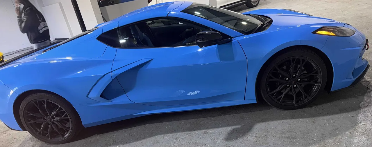 Blue Chevrolet Corvette exterior for wedding car rental in Southfield, MI
