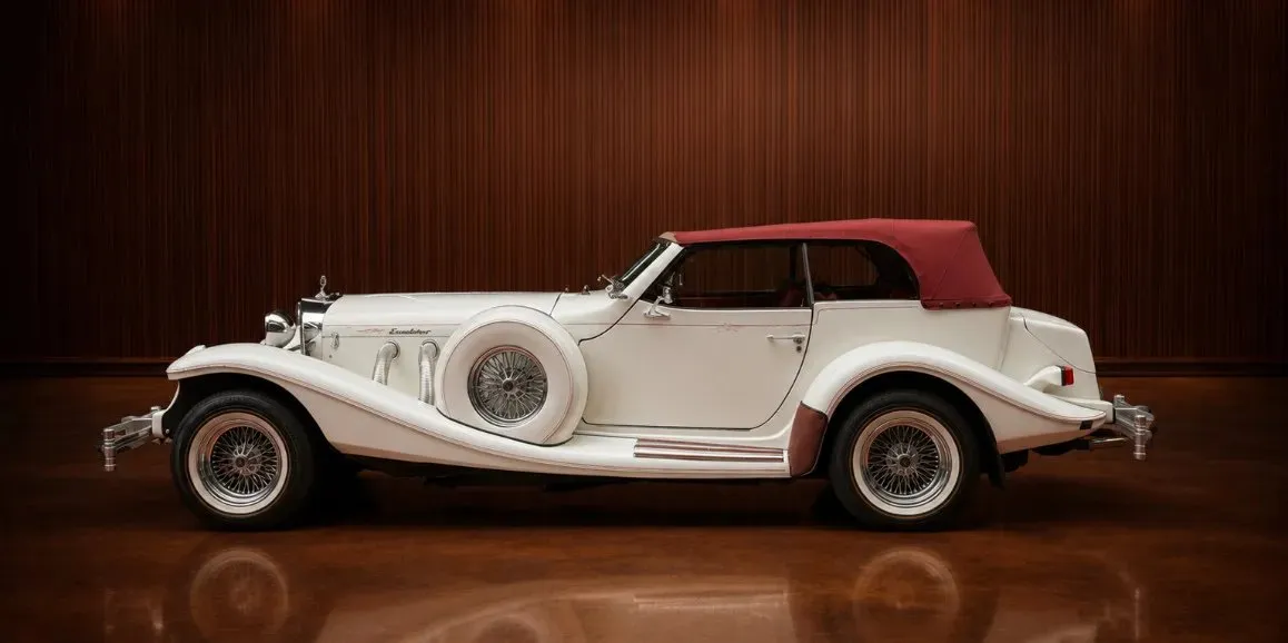 White Excalibur Phaeton (Vintage) exterior with convertible roof, photo 3 for wedding car rental in Toms River, NJ White Excalibur Phaeton (Vintage) exterior with convertible roof, photo 3 for wedding car rental in Toms River, NJ