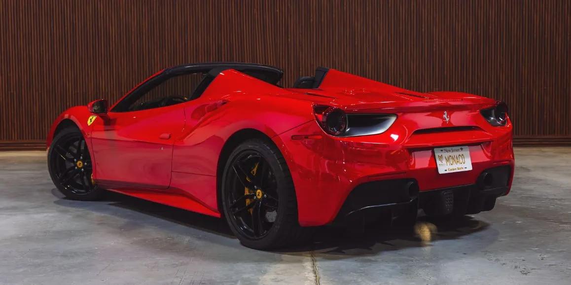 Red Ferrari 488 Spider exterior with convertible roof, photo 4 for wedding car rental in Nassau County, NY Red Ferrari 488 Spider exterior with convertible roof, photo 4 for wedding car rental in Nassau County, NY