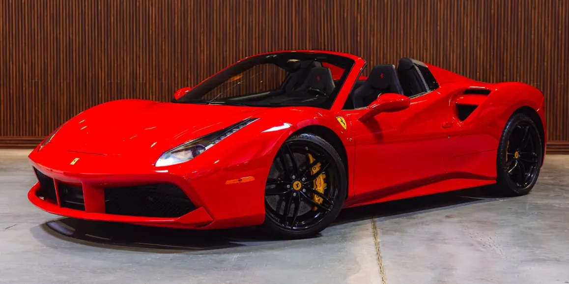 Red Ferrari 488 Spider with convertible roof for wedding car rental in Nassau County, NY Red Ferrari 488 Spider with convertible roof for wedding car rental in Nassau County, NY