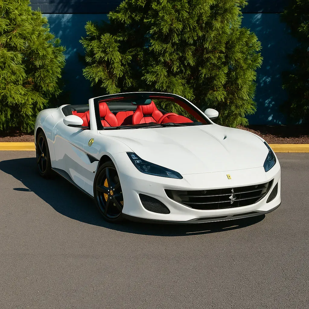 White Ferrari Portofino Bianco Avus for wedding car rental in Rockville, MD