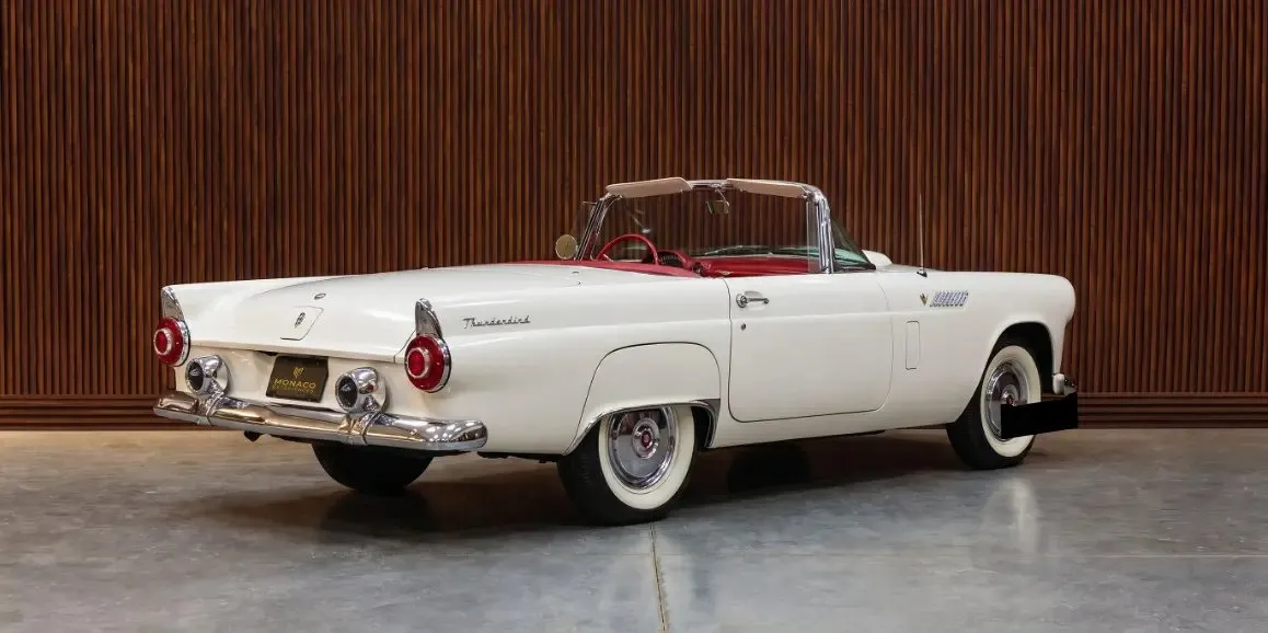 White Ford Thunderbird exterior with convertible roof for wedding car rental in Albertson, NY