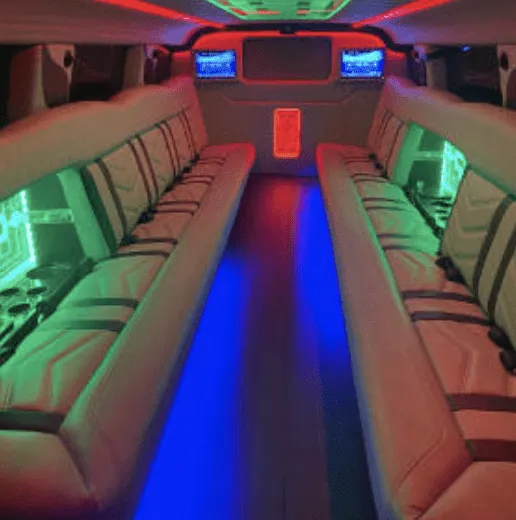 Passenger cabin: Hummer Limousine; perimeter lounge seating, LED accent lighting and TV screens