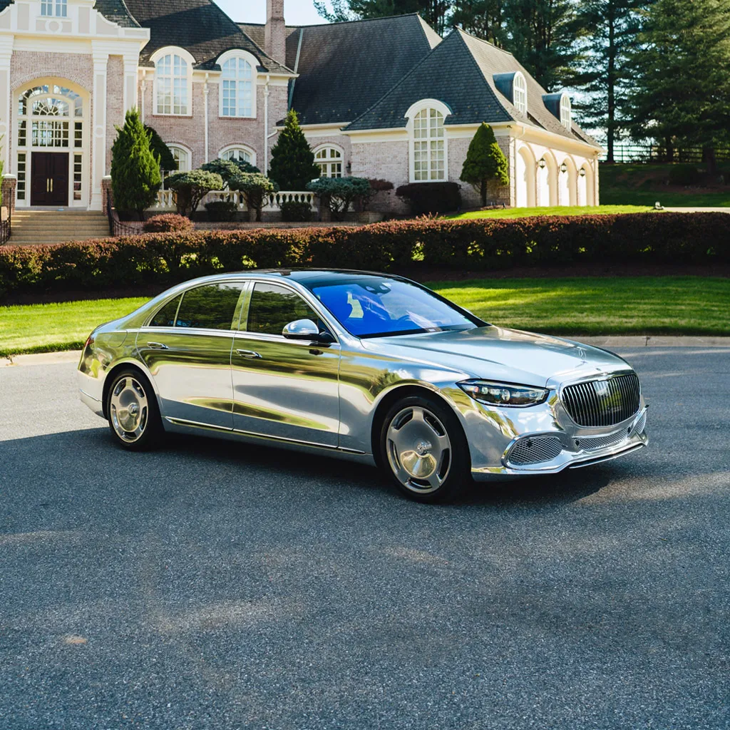 Silver ‘Kanye Maybach’ Full Chrome 2022 Mercedes-Benz S580, photo 2 for wedding car rental in Rockville, MD