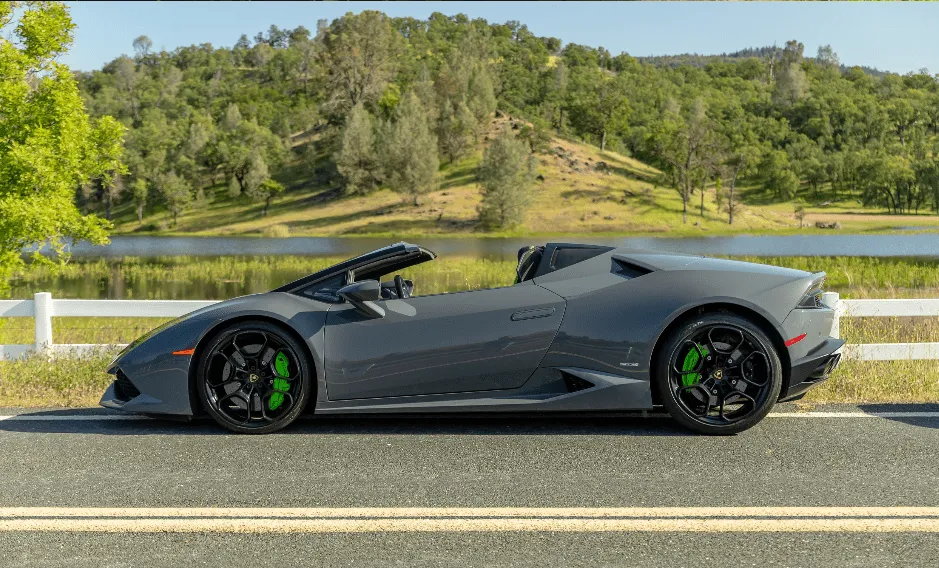 Gray Lamborghini Huracan LP610-4 Spyder with convertible roof for wedding car rental in Davis, CA