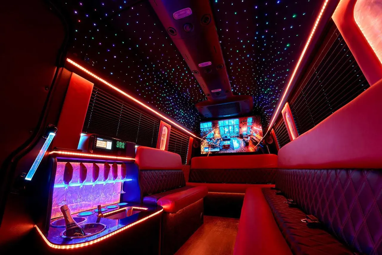 Limousine Bus interior with perimeter lounge seating, window shades and LED accent lighting for party bus rental in Wisconsin Limousine Bus interior with perimeter lounge seating, window shades and LED accent lighting for party bus rental in Wisconsin