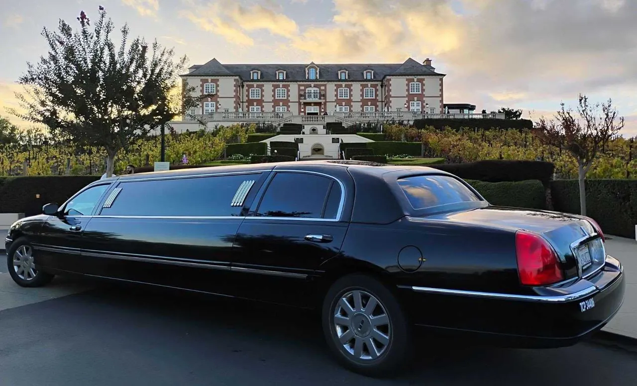 Black Lincoln Town Car Stretch Limousine with tinted windows for prom car rental in Burson, CA