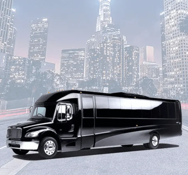 Black 38 Passenger Luxury Party Bus exterior for party bus rental in Burbank, CA