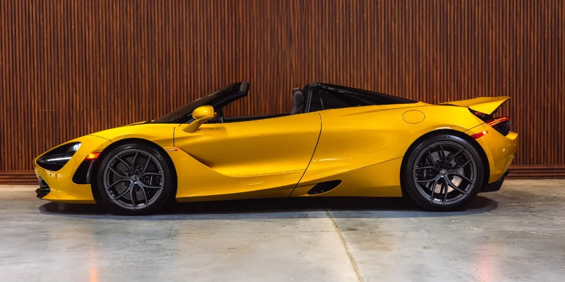 Yellow McLaren 720S exterior with convertible roof, photo 3 for wedding car rental in West Hempstead, NY