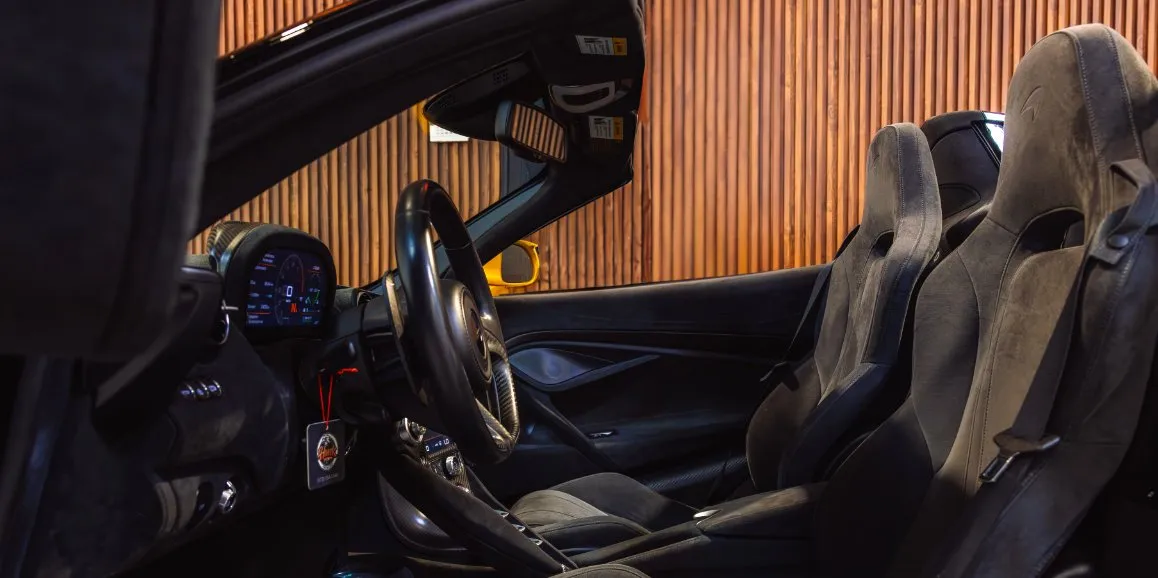 McLaren 720S interior with convertible roof for wedding car rental in West Hempstead, NY