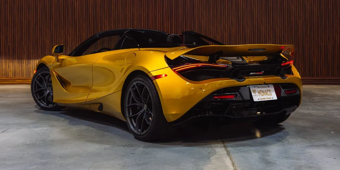 Yellow McLaren 720S exterior with convertible roof, photo 4 for wedding car rental in West Hempstead, NY