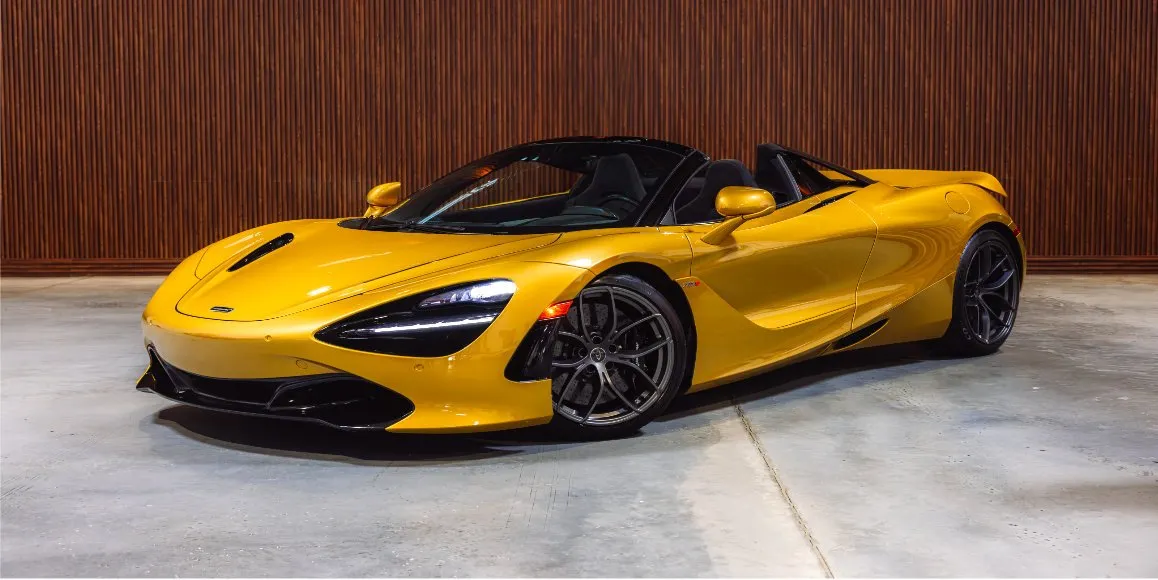 Yellow McLaren 720S with convertible roof for wedding car rental in West Hempstead, NY