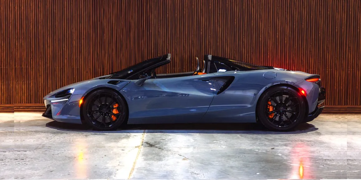 Gray McLaren Artura exterior with convertible roof for wedding car rental in Williston Park, NY