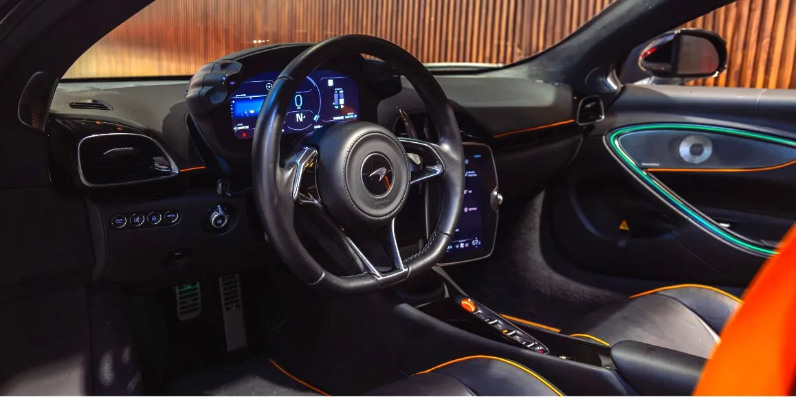 McLaren Artura interior with LED accent lighting for wedding car rental in Williston Park, NY