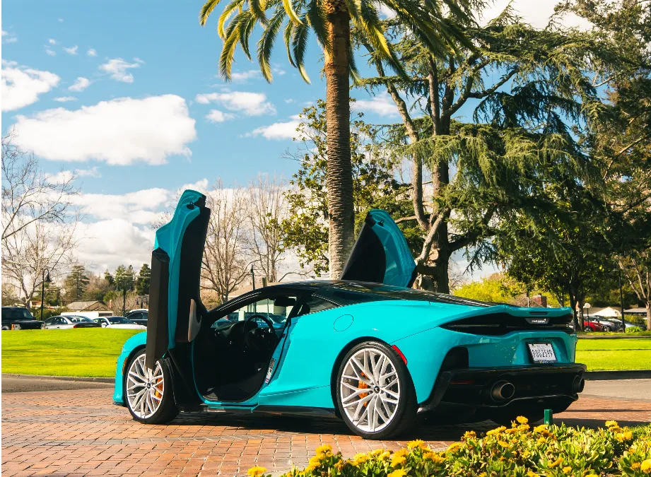 Blue McLaren GT exterior for wedding car rental in Davis, CA