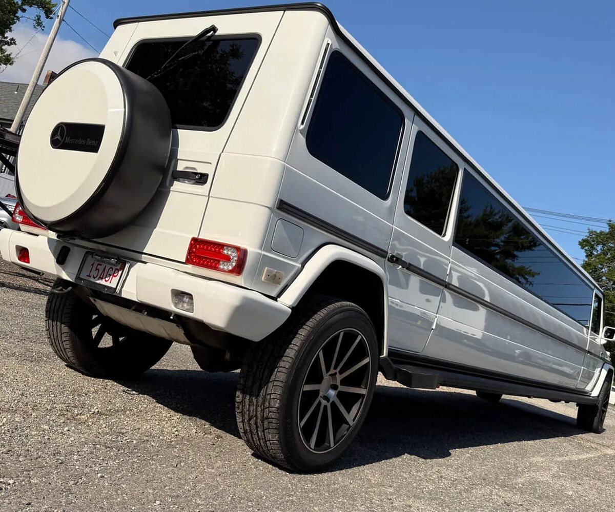 White Mercedes G Wagon exterior with tinted windows for limo rental