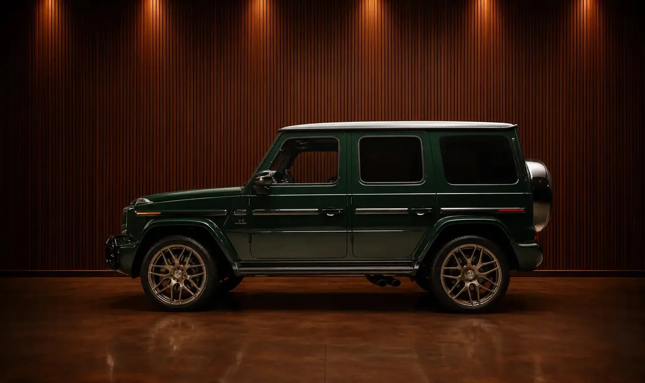 Green Mercedes-Benz G63 AMG for wedding car rental in Astoria, NY
