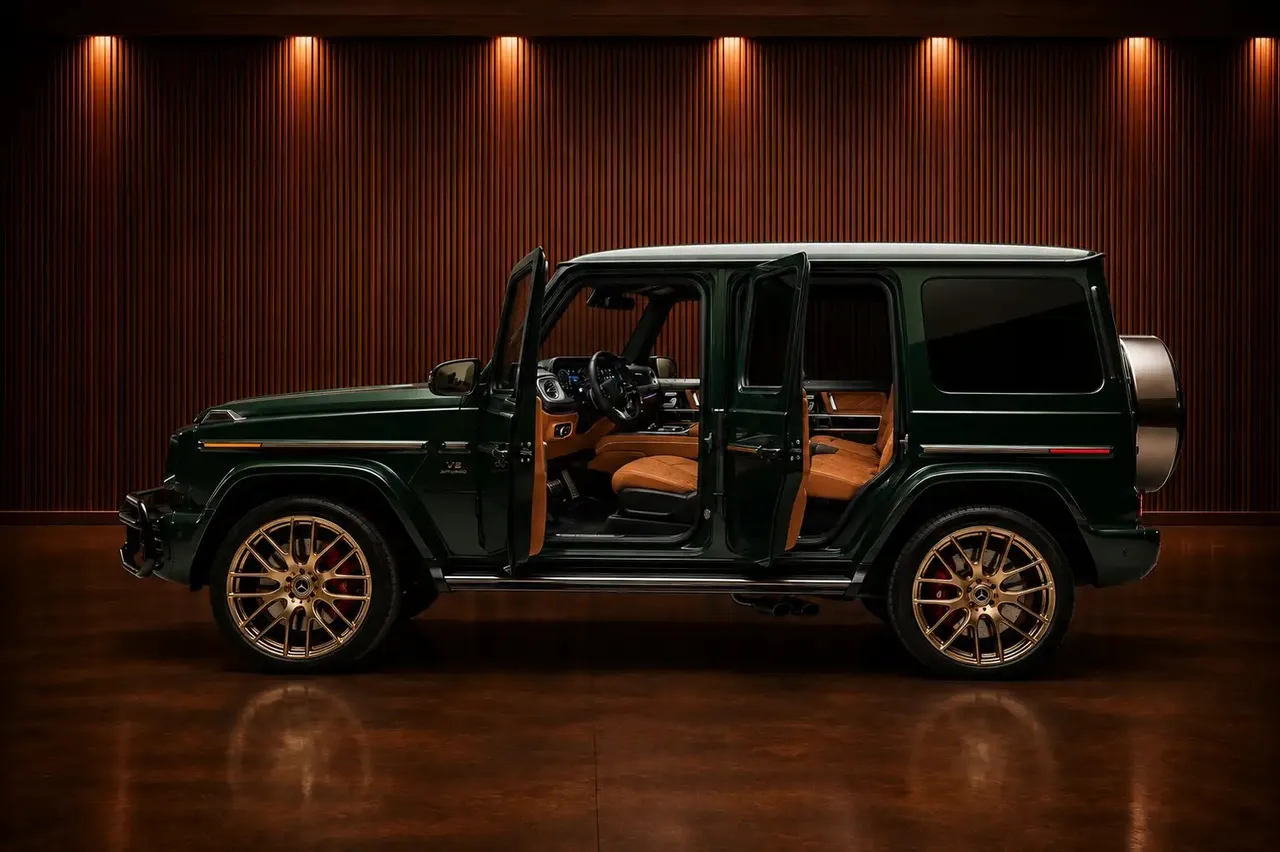 Green Mercedes-Benz G63 AMG exterior for wedding car rental in Astoria, NY