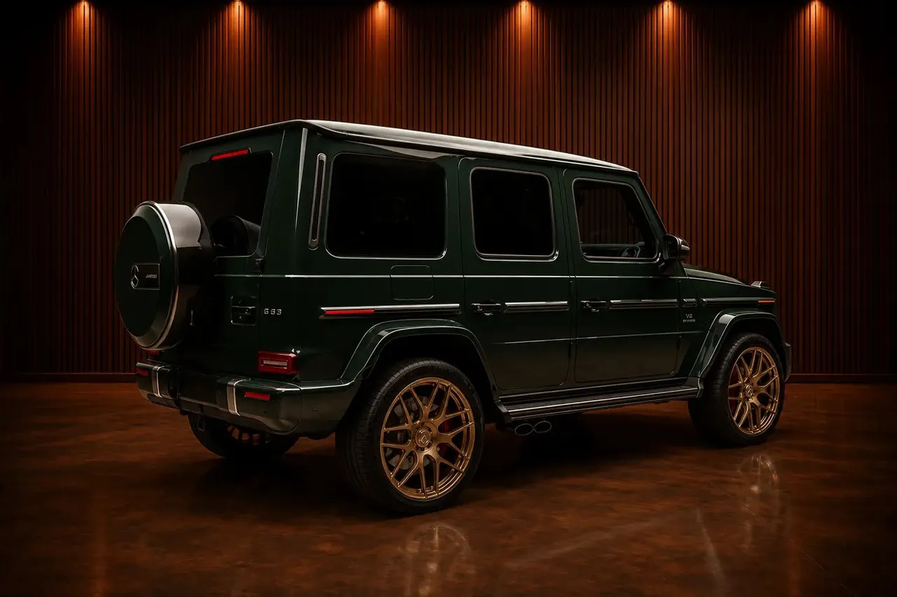 Green Mercedes-Benz G63 AMG exterior, photo 3 for wedding car rental in Astoria, NY