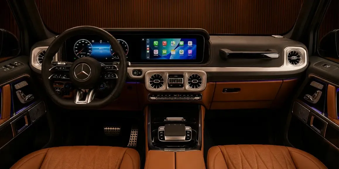 Mercedes-Benz G63 AMG interior for wedding car rental in Astoria, NY