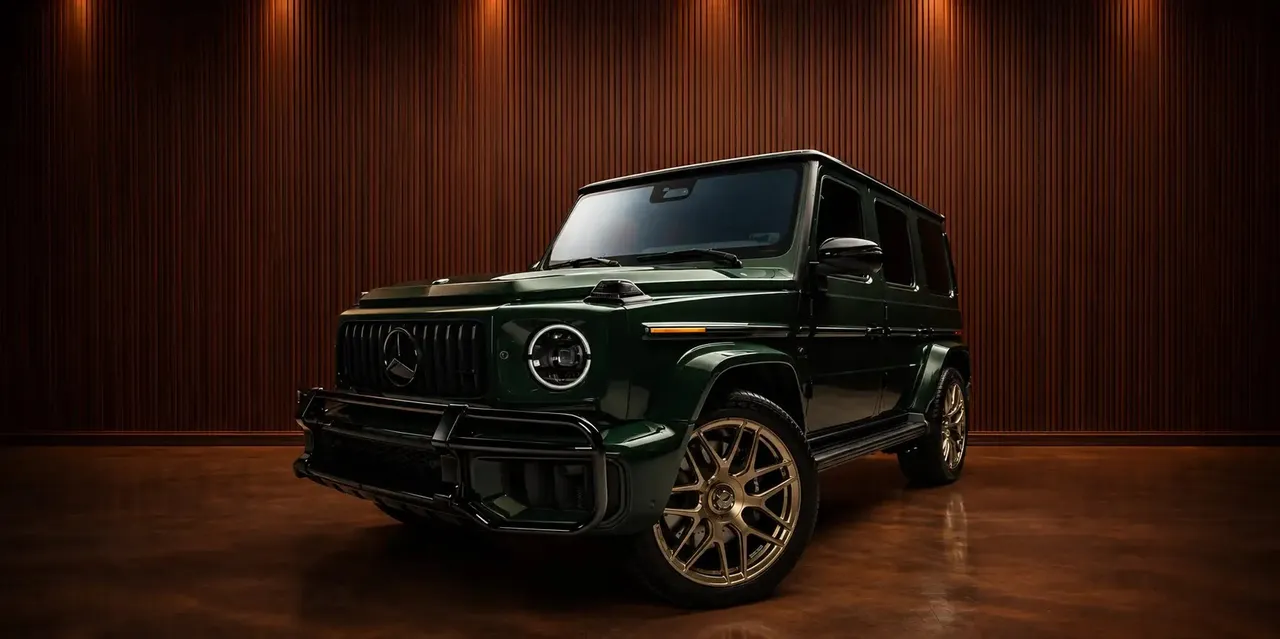 Green Mercedes-Benz G63 AMG exterior, photo 4 for wedding car rental in Astoria, NY
