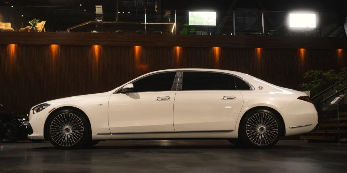 White Mercedes-Maybach S-Class exterior for wedding car rental in Astoria, NY