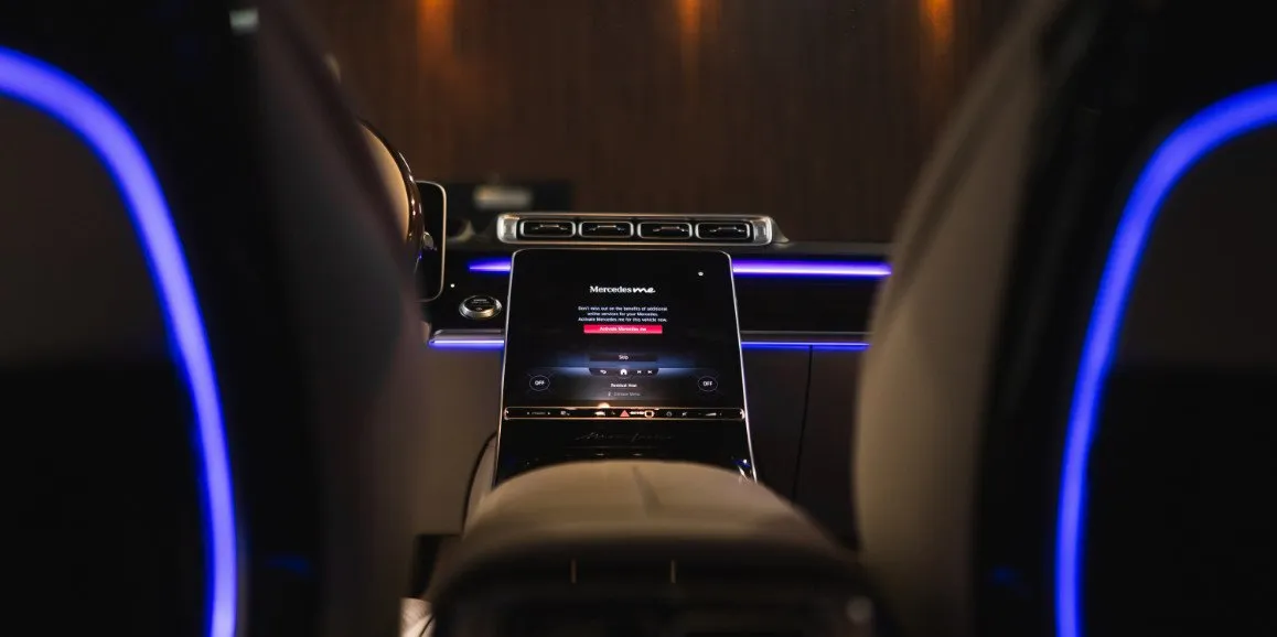 Mercedes-Maybach S-Class interior with LED accent lighting for wedding car rental in Astoria, NY