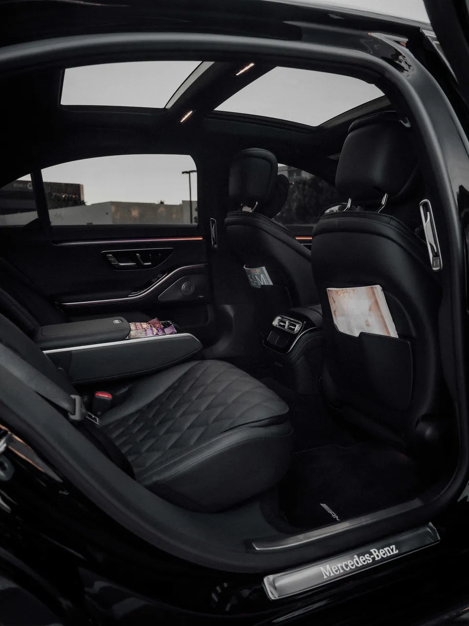 Mercedes-Benz S-Class interior with LED accent lighting for wedding car rental in Beverly Hills, CA