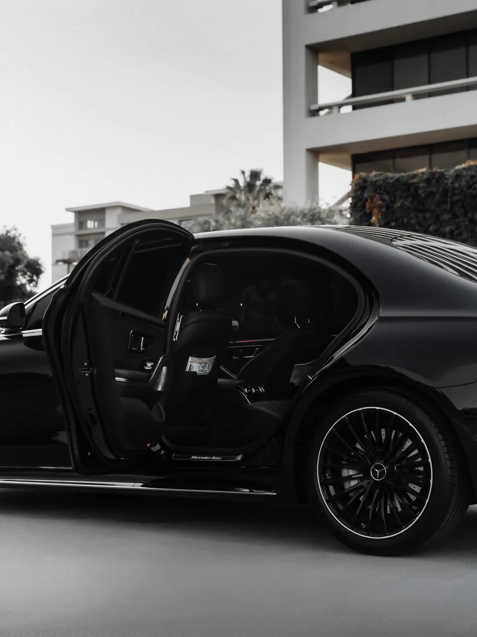 Black Mercedes-Benz S-Class exterior for wedding car rental in Beverly Hills, CA