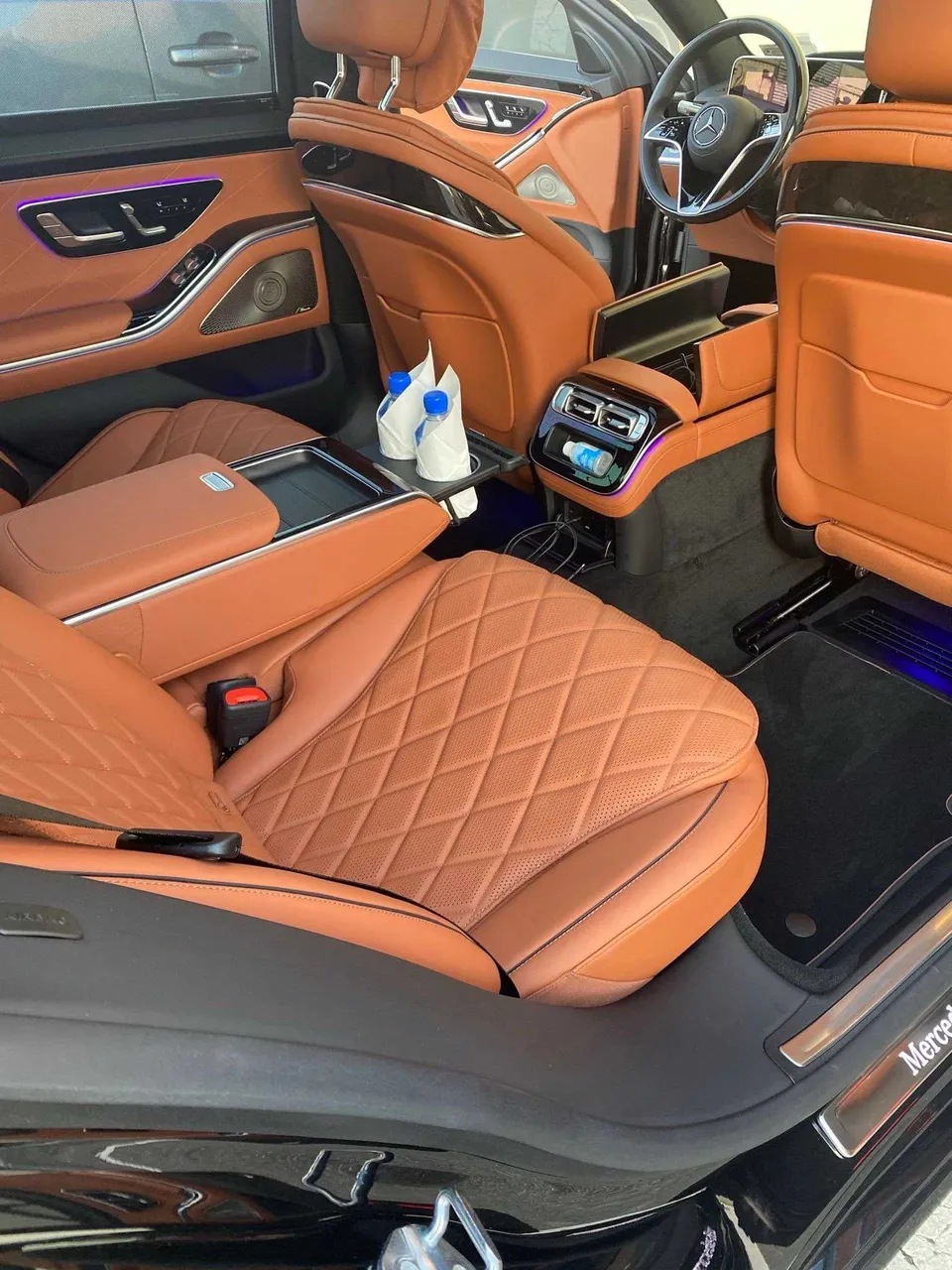 Mercedes-Benz S-Class interior with rear passenger controls and LED accent lighting for wedding car rental in Nassau County, NY Mercedes-Benz S-Class interior with rear passenger controls and LED accent lighting for wedding car rental in Nassau County, NY
