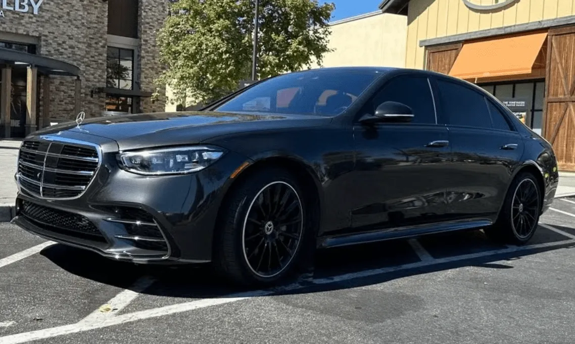 Black Mercedes-Benz S-Class exterior for wedding car rental in Keene, CA