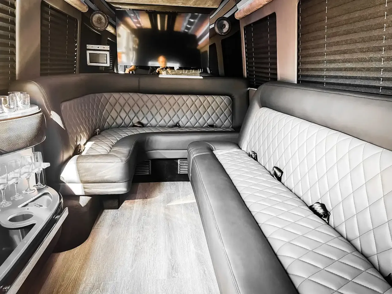 Mercedes Sprinter Limo interior for party bus rental in Dallas, TX Mercedes Sprinter Limo interior for party bus rental in Dallas, TX
