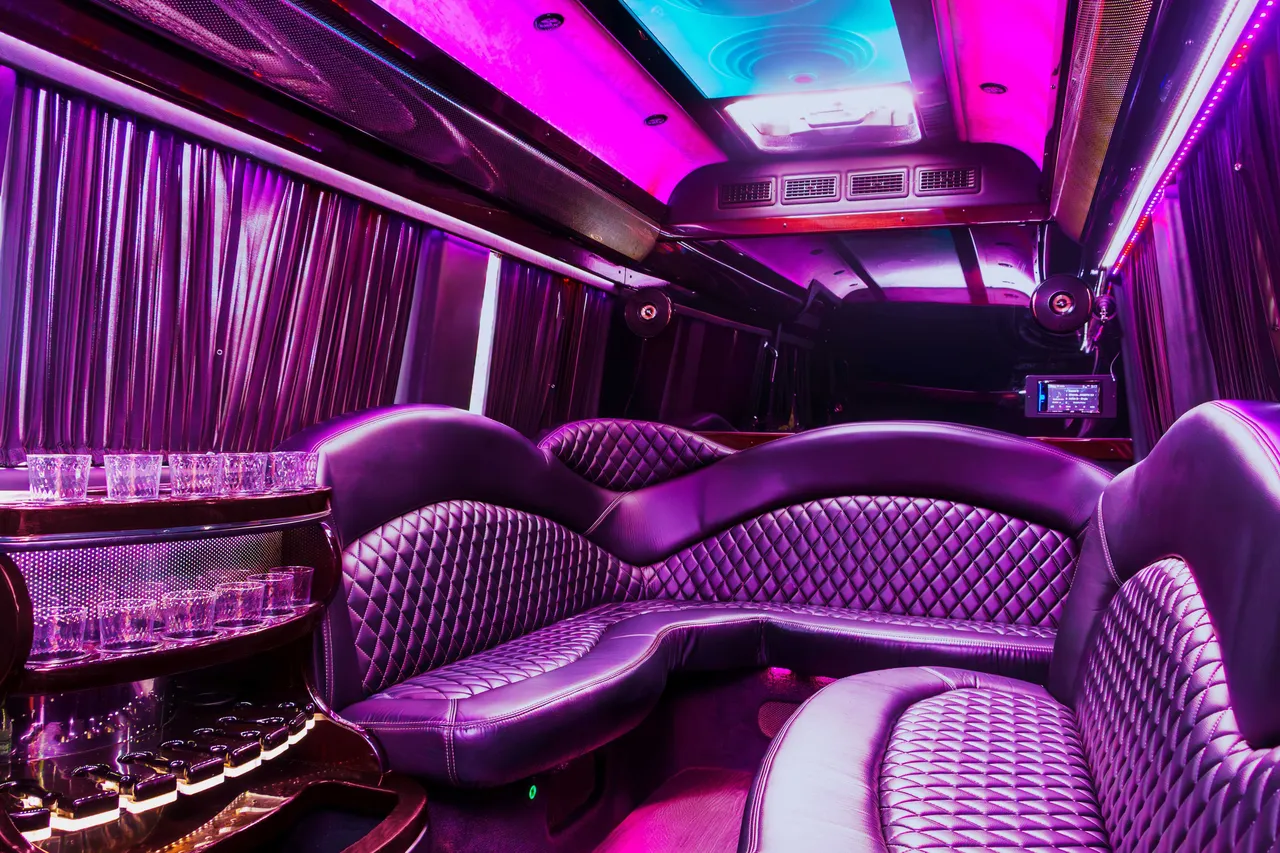 Mercedes Sprinter Limo Mercedes Sprinter Limo interior with sofa-style seating, window shades and LED ceiling lighting for party bus rental