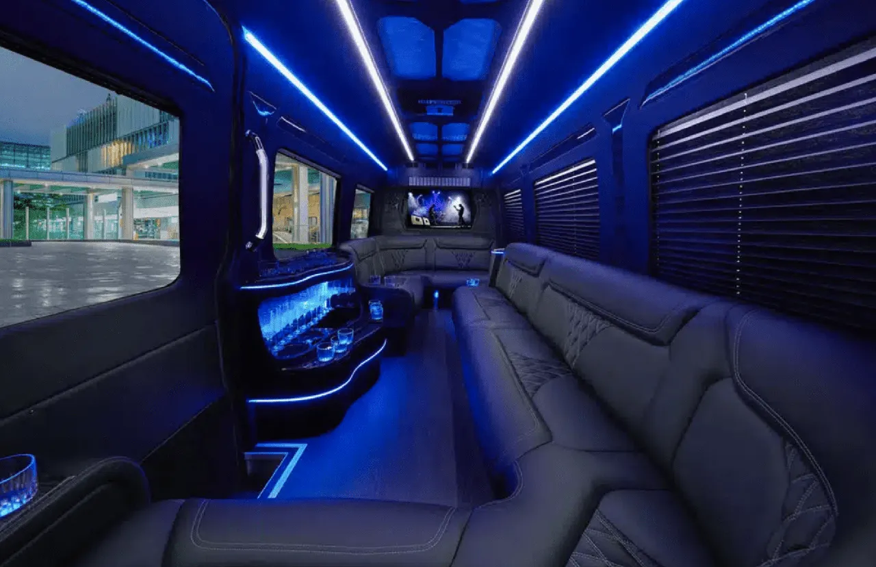 Mercedes Sprinter Limo interior for party bus rental in Illinois