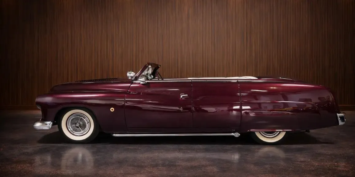 Red Mercury Lead Sled 1951 Vintage exterior with convertible roof for wedding car rental