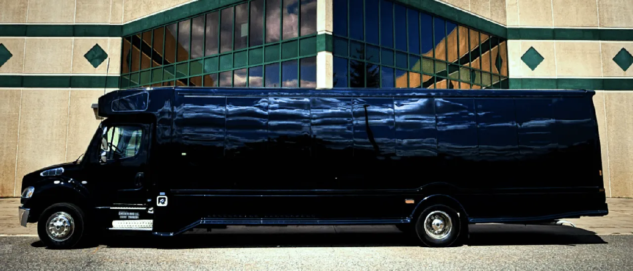 Black Party Bus exterior for party bus rental in Iowa Black Party Bus exterior for party bus rental in Iowa