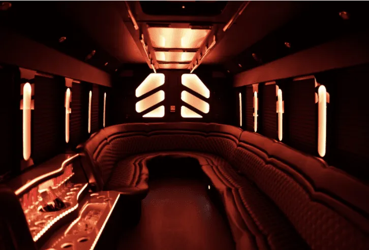 25 Passenger Party Bus interior with perimeter lounge seating and LED accent lighting for party bus rental in Jacumba, CA