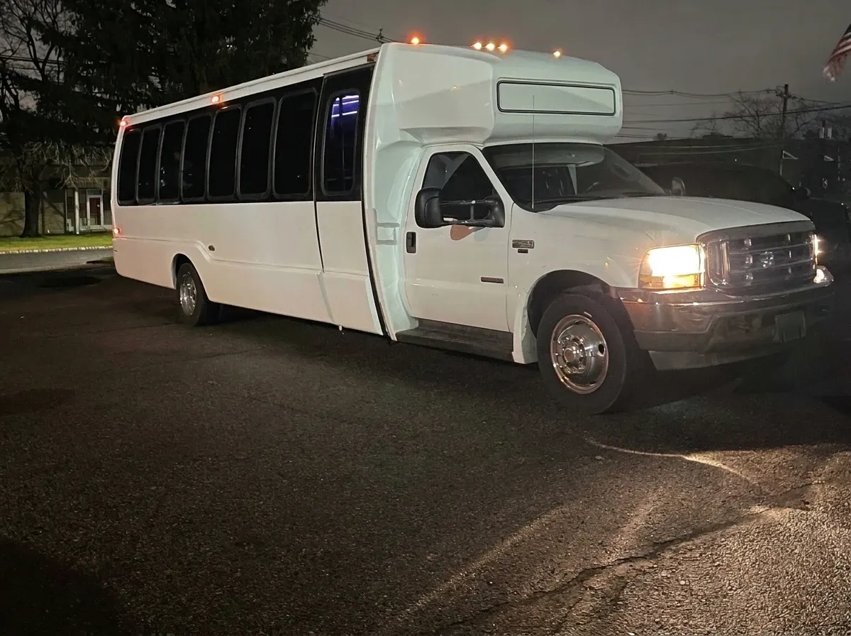 White 30 Passenger Party Bus; view 2