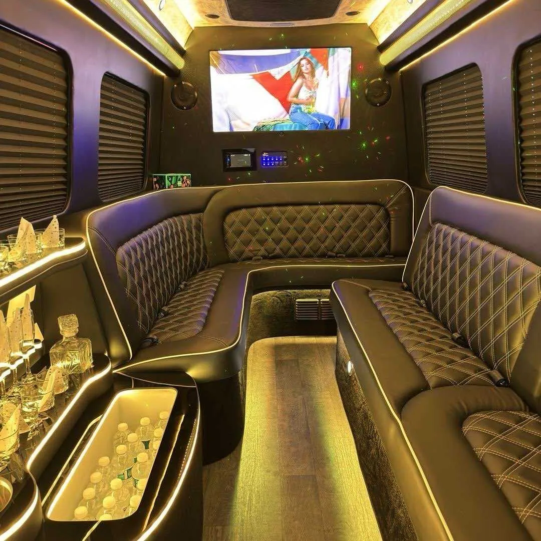12 Passenger Party Limo Sprinter interior with sofa-style seating, window shades and LED accent lighting for party bus rental in Burson, CA